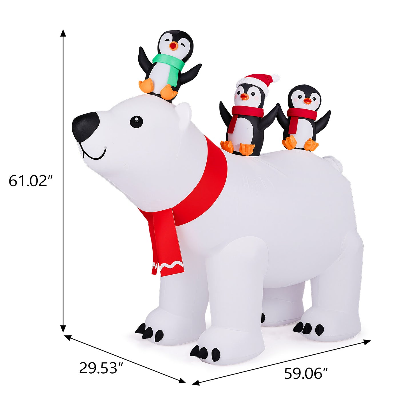 5ft Giant Inflatable Polar Bear with 3 Penguins & Santa Hat – Outdoor Christmas Decoration