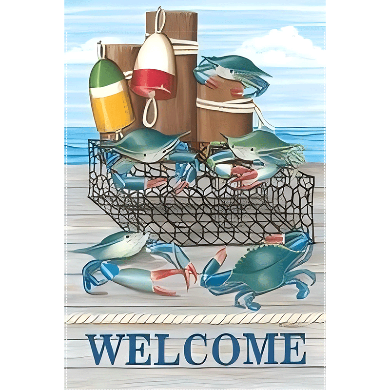 “Welcome” Fishing Crab Garden Flag – Double-Sided Coastal Burlap