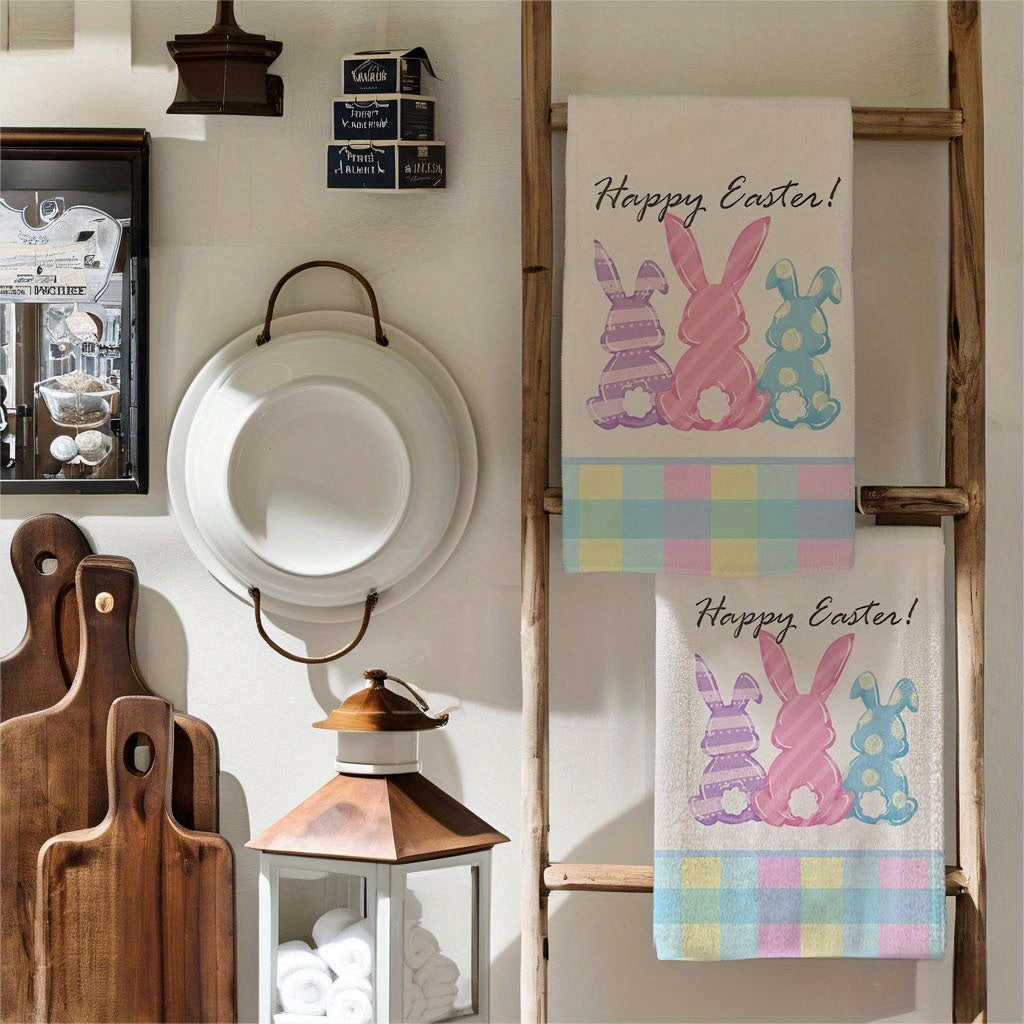 Easter Bunny Kitchen Towel Set – Buffalo Plaid & Spring Floral, 2-Piece, 16" x 24"