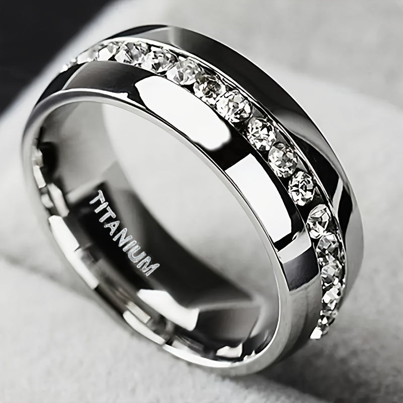 Stainless Steel Cuban Eternity Ring with Cubic Zirconia – Unplated Durable Design, Wedding or Anniversary Gift