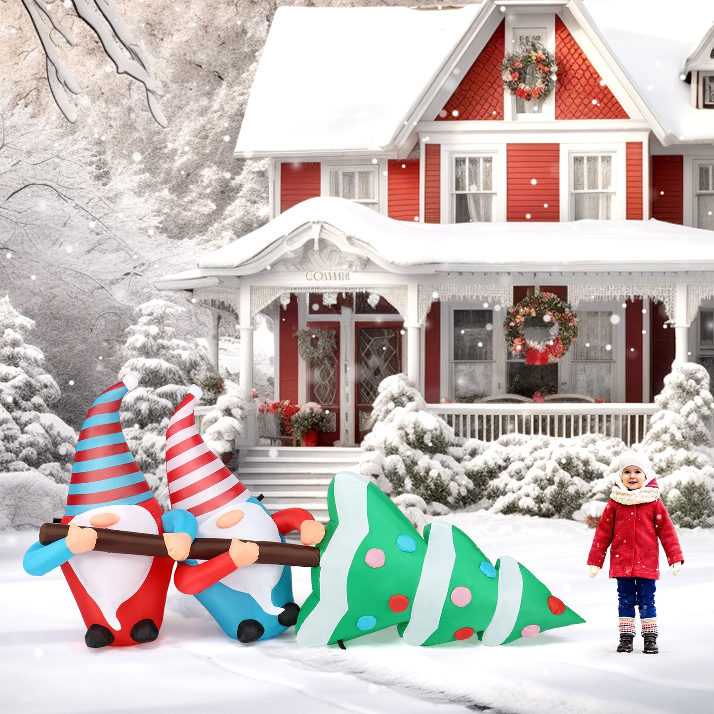 7ft Inflatable Gnomes with Christmas Tree – Outdoor Holiday Decoration