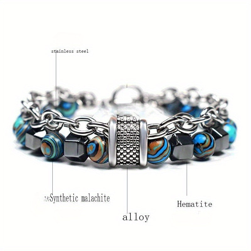 Men’s Double Layer Blue Peacock Hematite Beaded Bracelet – Hip Hop Style, O-T Clasp