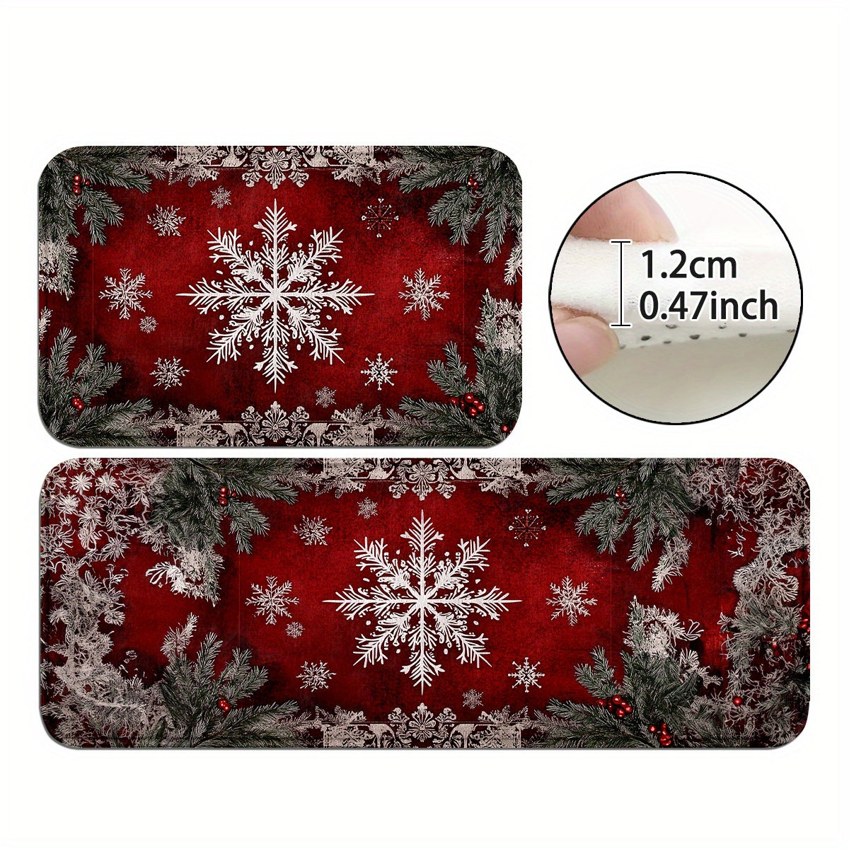 Snowflakes & Pine Branches Kitchen Mats – Non-Slip Machine Washable, 1.5'x2.5' / 1.5'x4'