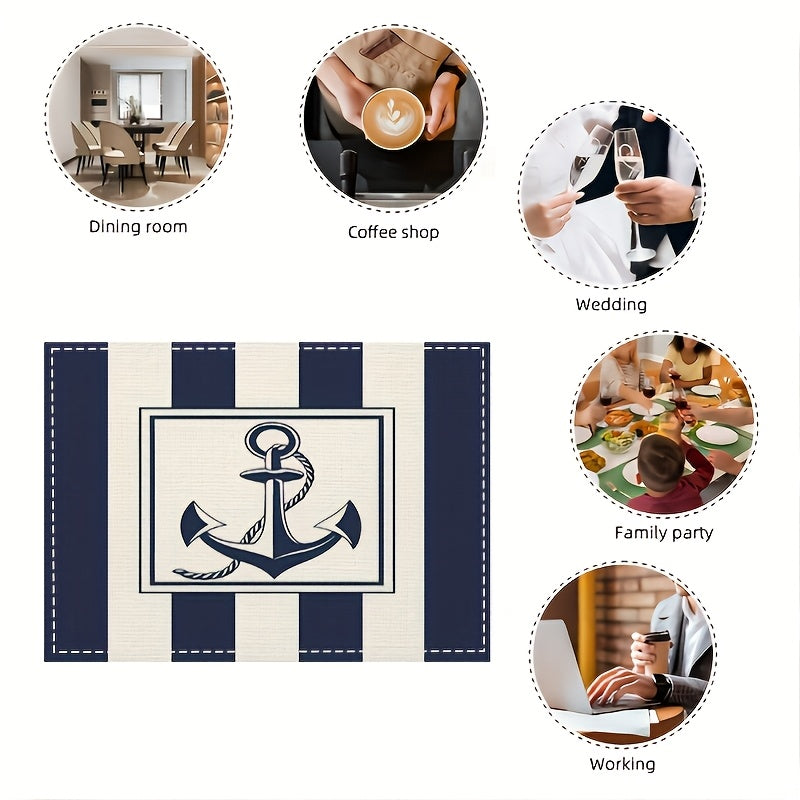 4-Piece Elegant Navy Nautical Linen Placemats – 12x18" Coastal Table Decor, Heat-Resistant & Durable Dining Mats