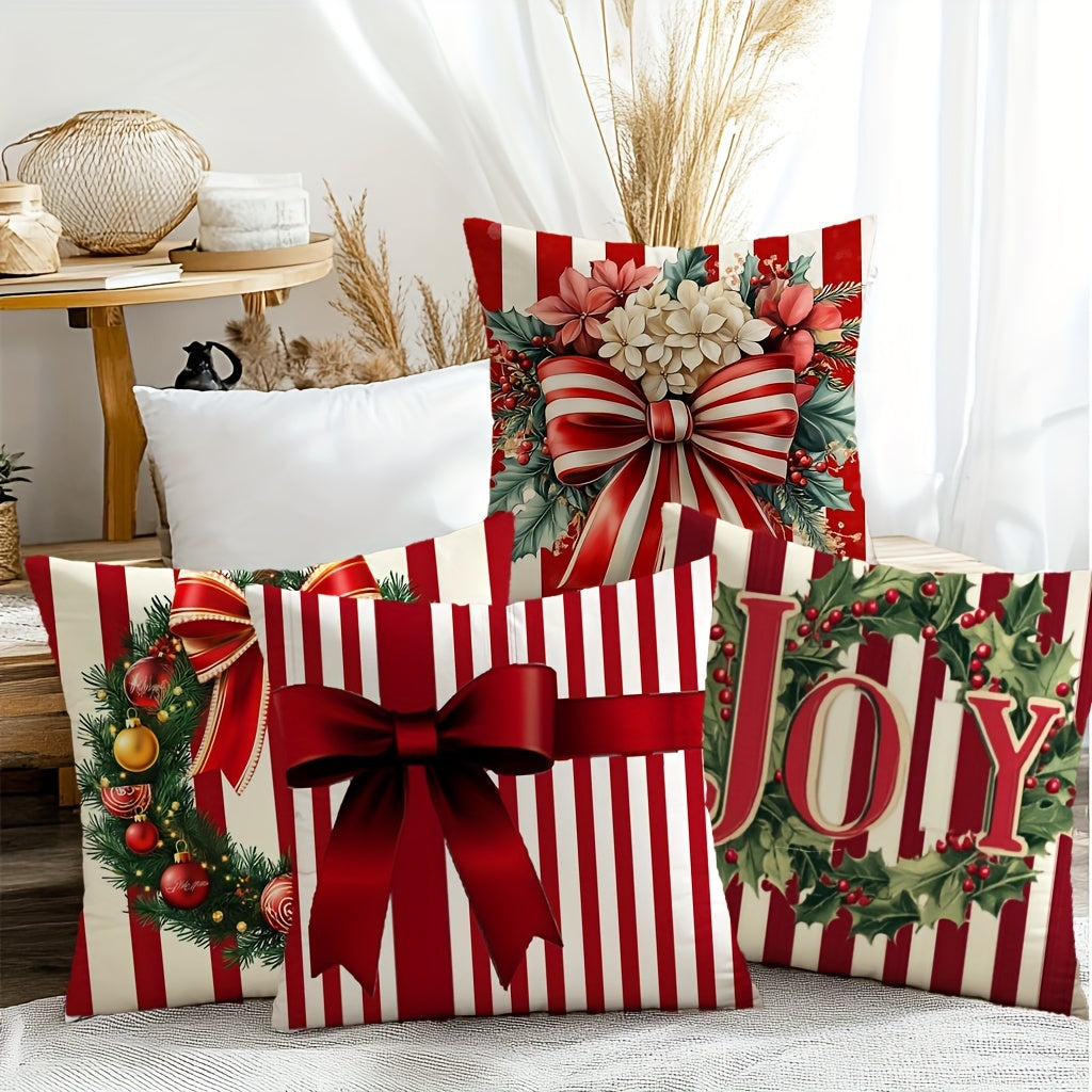 Red & White Striped Christmas Pillow Covers with Ribbon & Joy Design – Festive Holiday Cushion Cases (18x18")