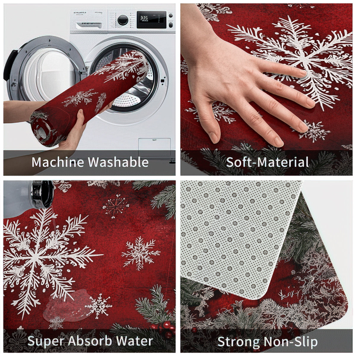 Snowflakes & Pine Branches Kitchen Mats – Non-Slip Machine Washable, 1.5'x2.5' / 1.5'x4'