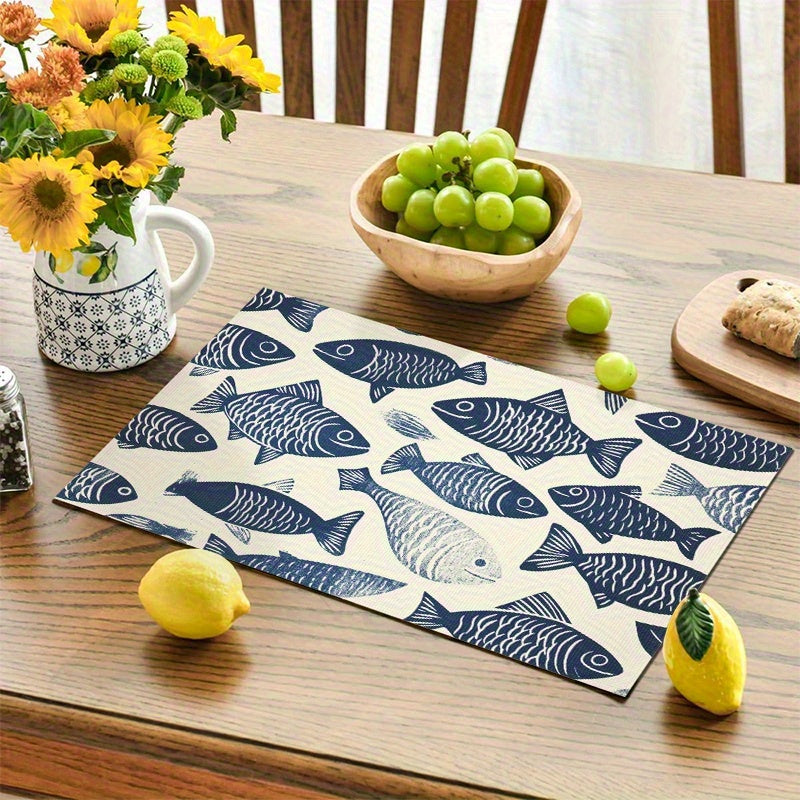 4-Piece Blue & White Fish Pattern Placemat Set – Linocut Style, 12x18"