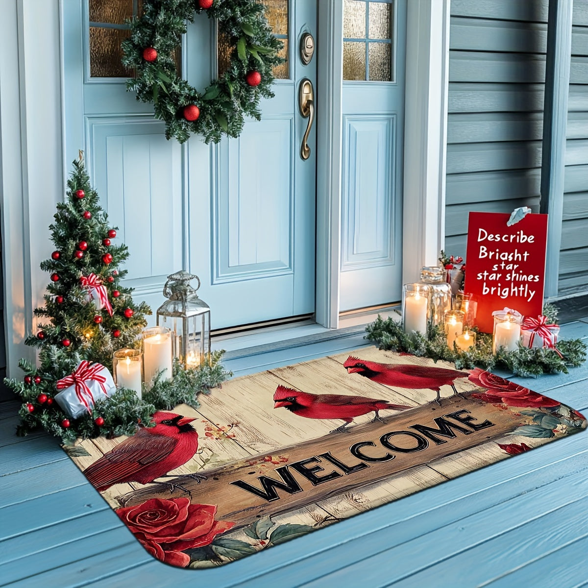 Christmas Red Cardinal & Rose Doormat, 1.5'x2.5' / 1.5'x4'
