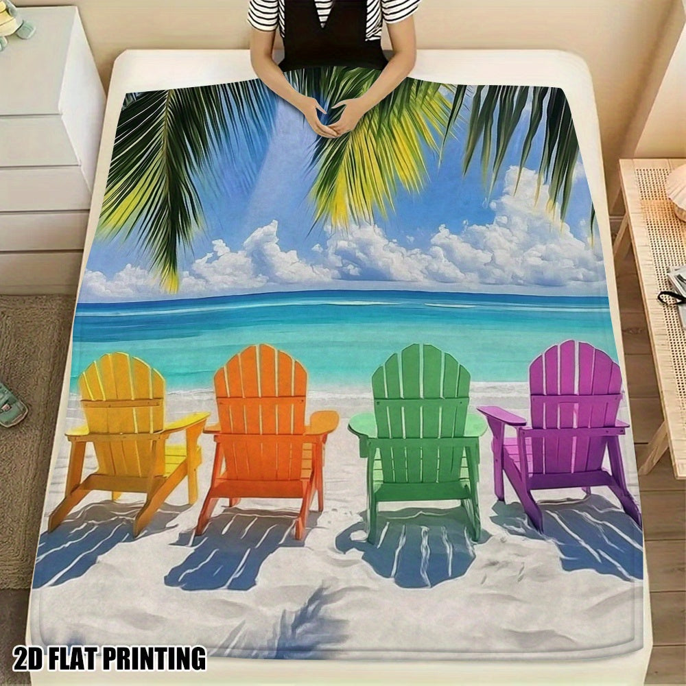 Vibrant Adirondack Chairs & Palm Tree Design Flannel Throw Blanket – 51x59"