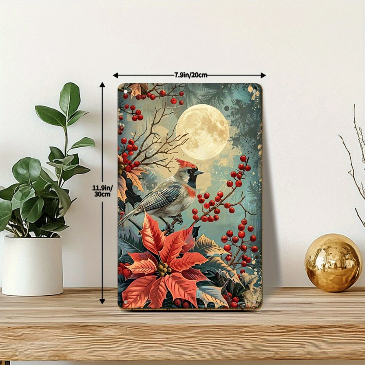 Cardinal on Poinsettia Metal Sign – 8x12" Holiday Wall Decor