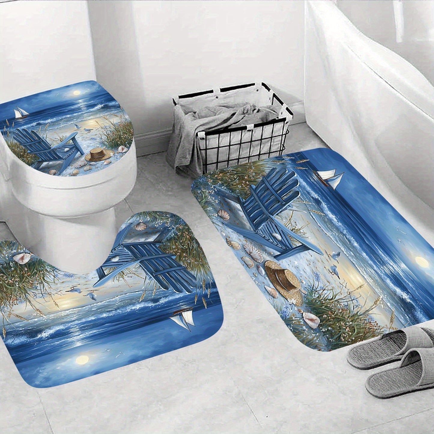 4-Piece Coastal Beach Shower Curtain Set – Adirondack Chairs & Sailboat Scene (72" x 72")