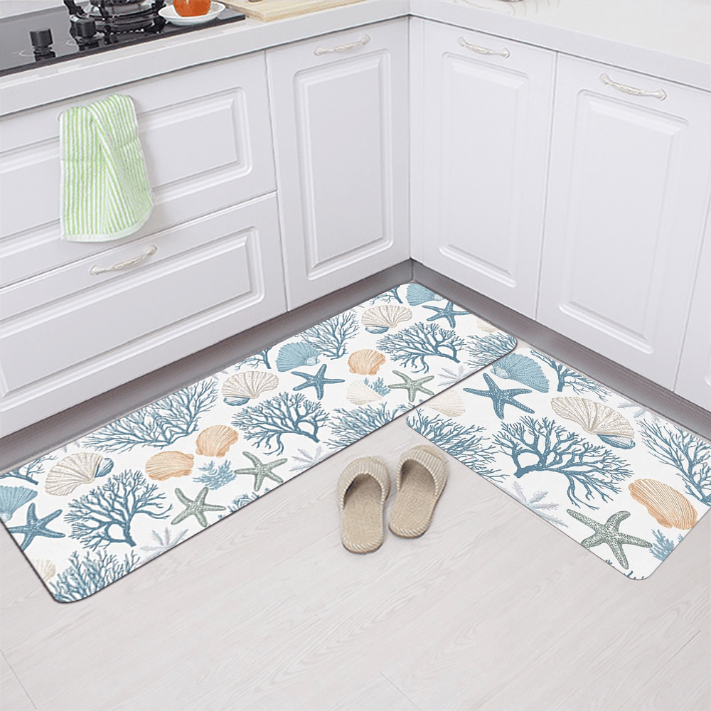 Coral Reef Kitchen Mats – Non-Slip Flannel Floor Mats with Starfish & Seashell Design, 1.5'x2' / 2'x2.5' / 1.5'x4'