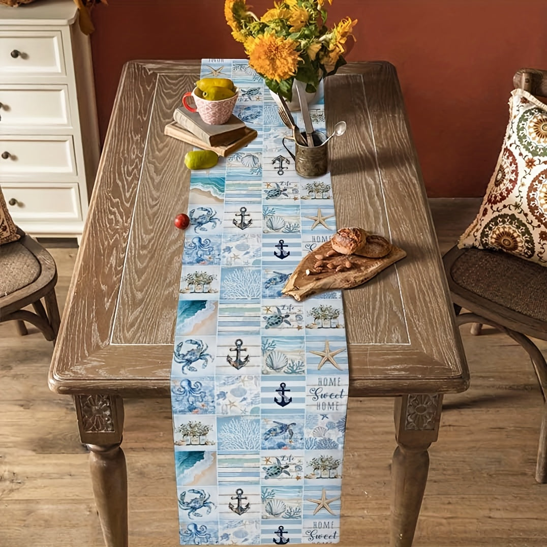 Summer Ocean Patchwork Table Runner – Sea Turtle & Coral Design (13"x48/72/108")
