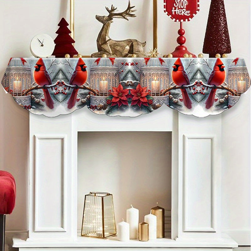 Red Cardinal & Poinsettia Wreath Mantel Scarf