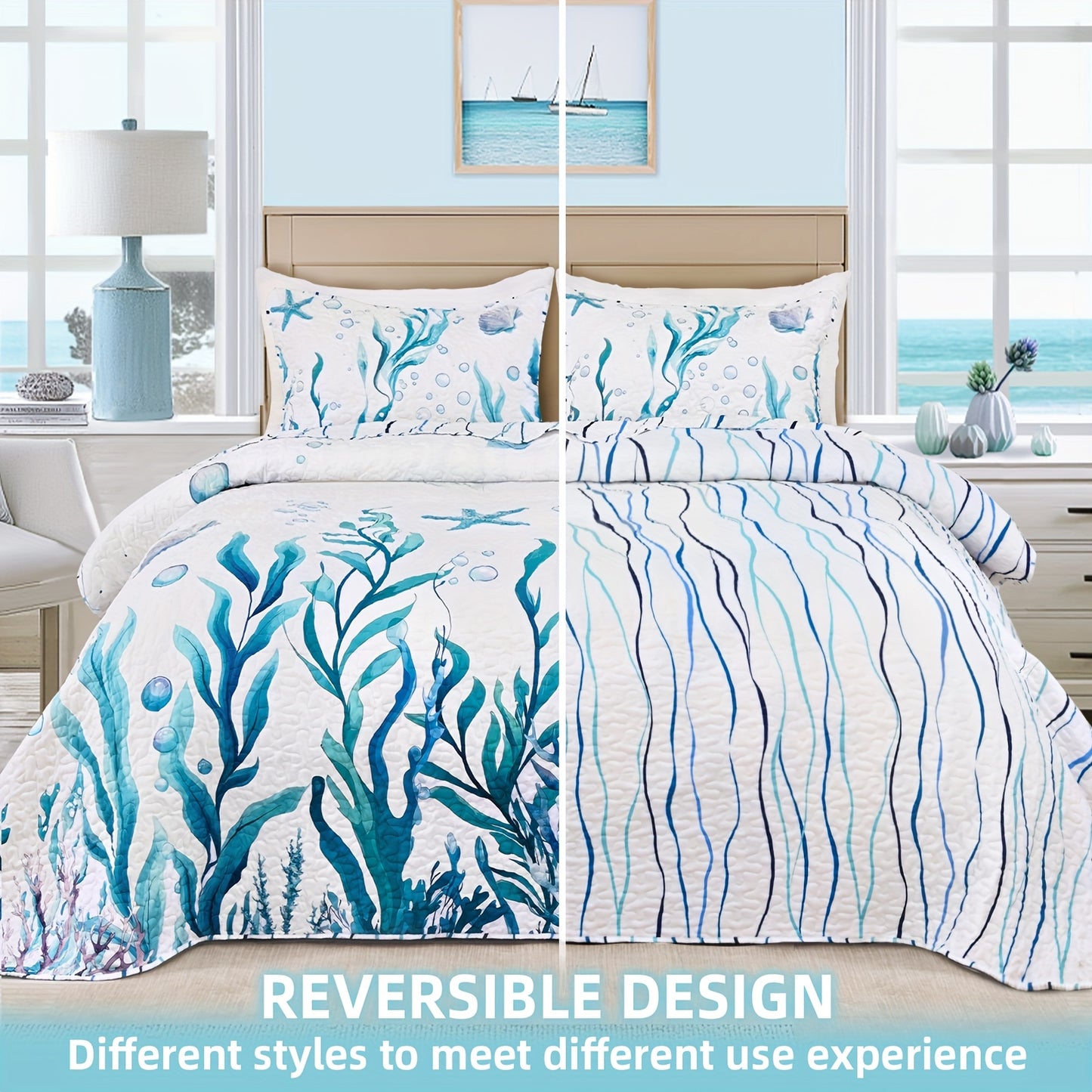 Ocean-Themed Reversible Quilt Set – 3-Piece Queen & King Bedding