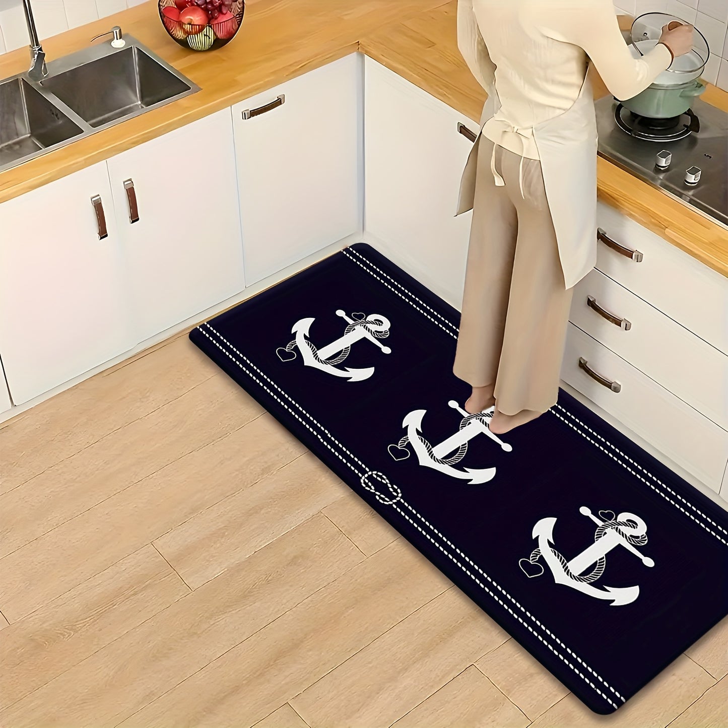 Navy Blue Nautical Anchor Runner Mat – Soft Flannel, Non-Slip, Machine Washable, 5'x1.5'