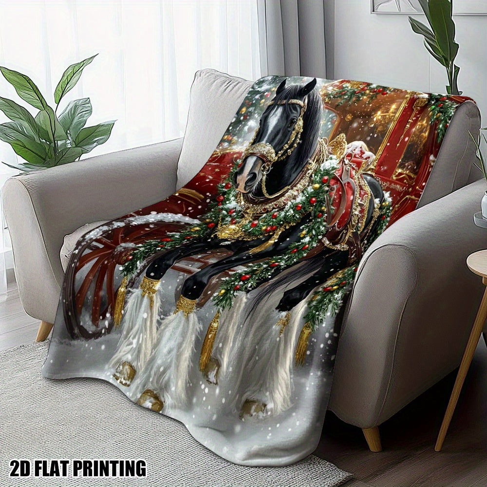 Soft Holiday Horse Throw Blanket – Black Horse with Golden Bridle, 51x59 Inches