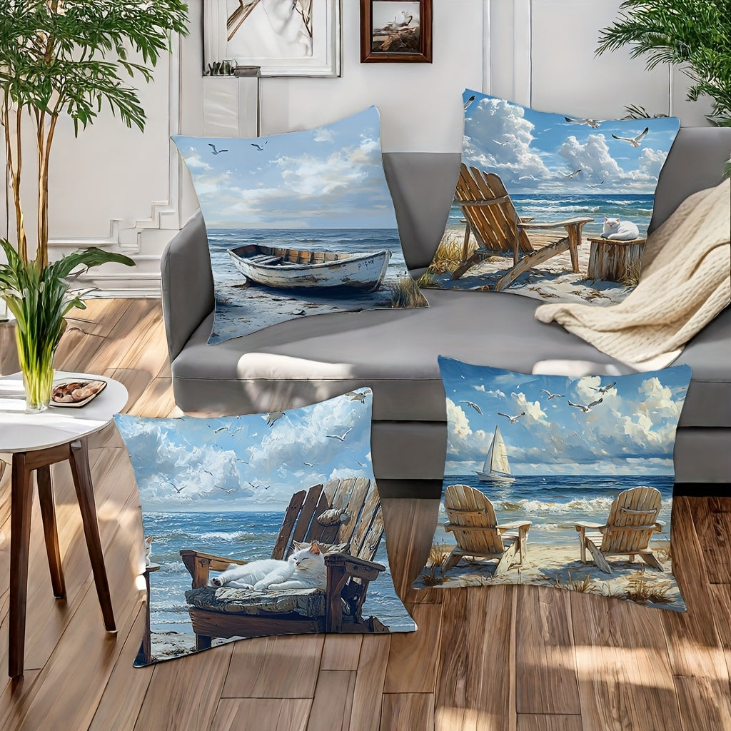 Ocean Theme Pillow Covers – Rowboat, Sailboat, Cat & Adirondack Chair Designs