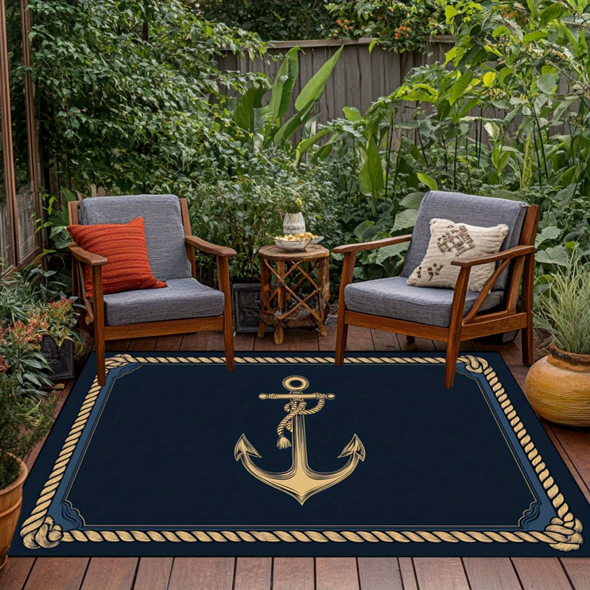 Navy Blue Anchor & Rope Rectangular Mat – Modern Polyester Mat, 2.5'x4'