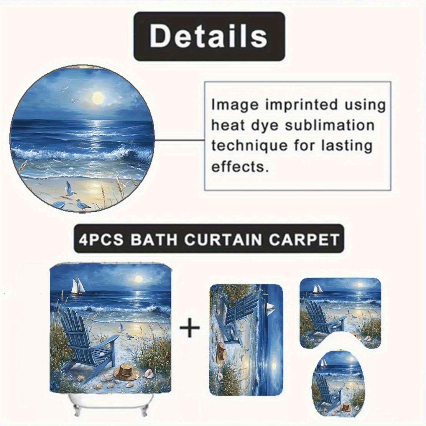 4-Piece Coastal Beach Shower Curtain Set – Adirondack Chairs & Sailboat Scene (72" x 72")