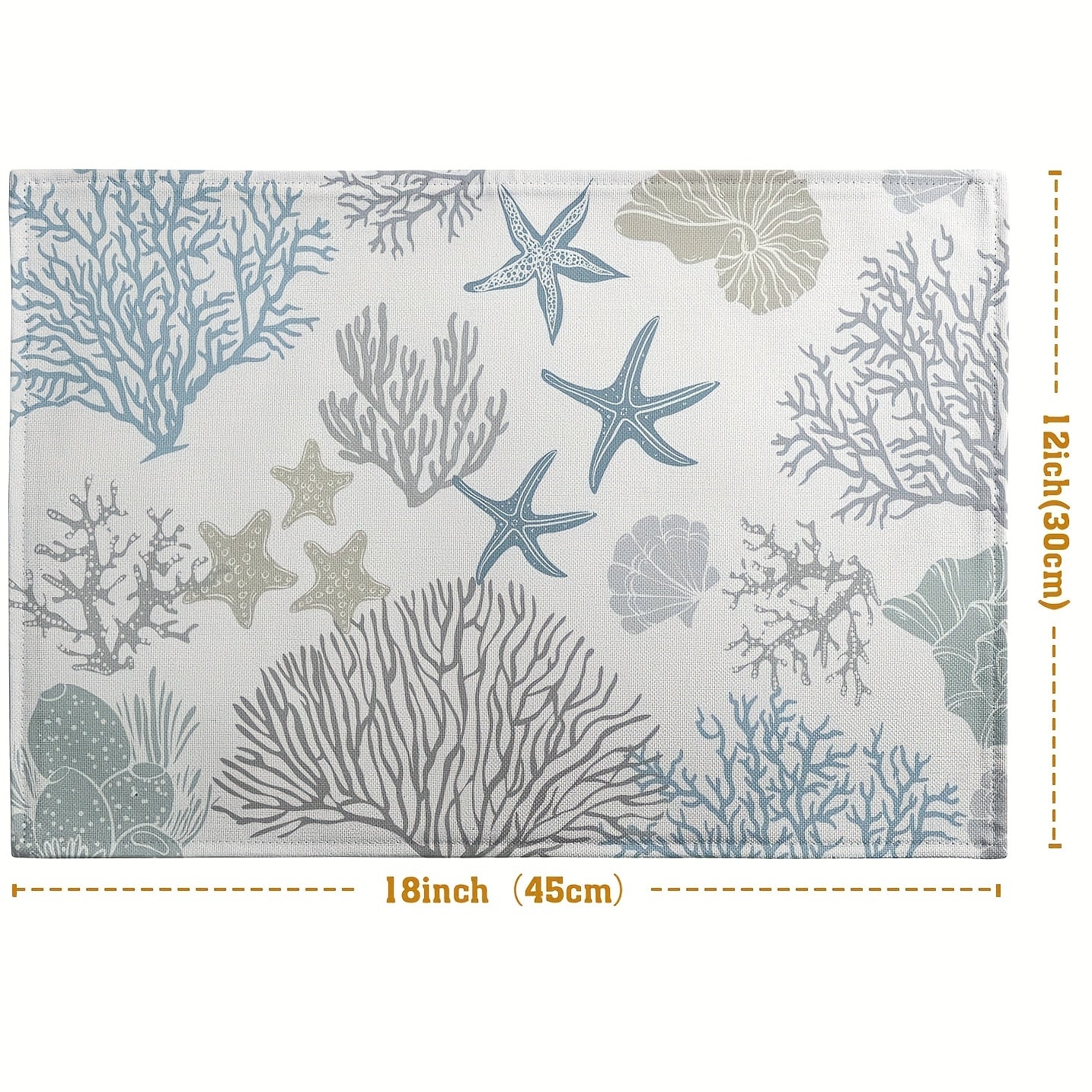 Summer Nautical Coastal Placemats – Set of 4 Ocean & Beach 12x18" Table Mats, Blue Gray Coral Starfish Design