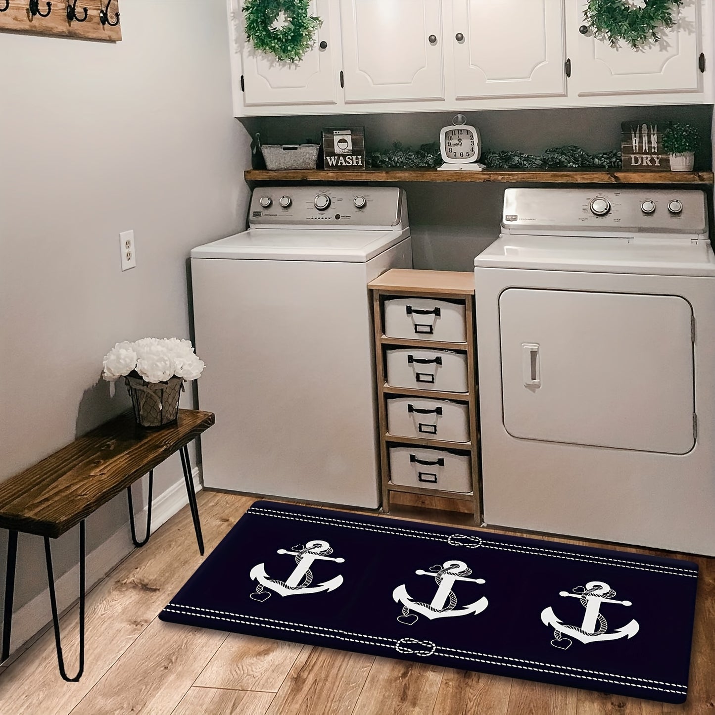 Navy Blue Nautical Anchor Runner Mat – Soft Flannel, Non-Slip, Machine Washable, 5'x1.5'