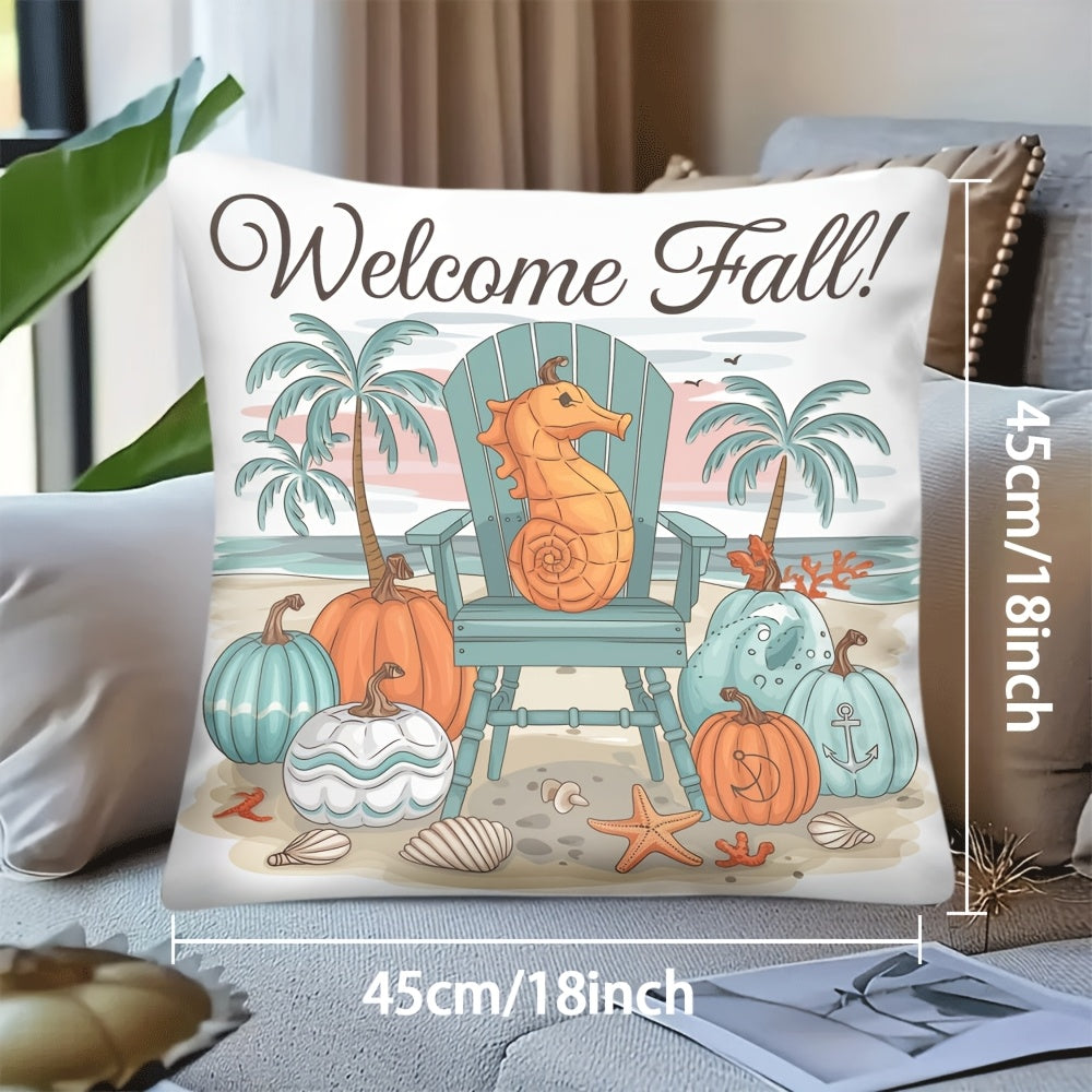 Welcome Fall Pillow Cover – Coastal Pumpkins and Seahorse, 18"x18"