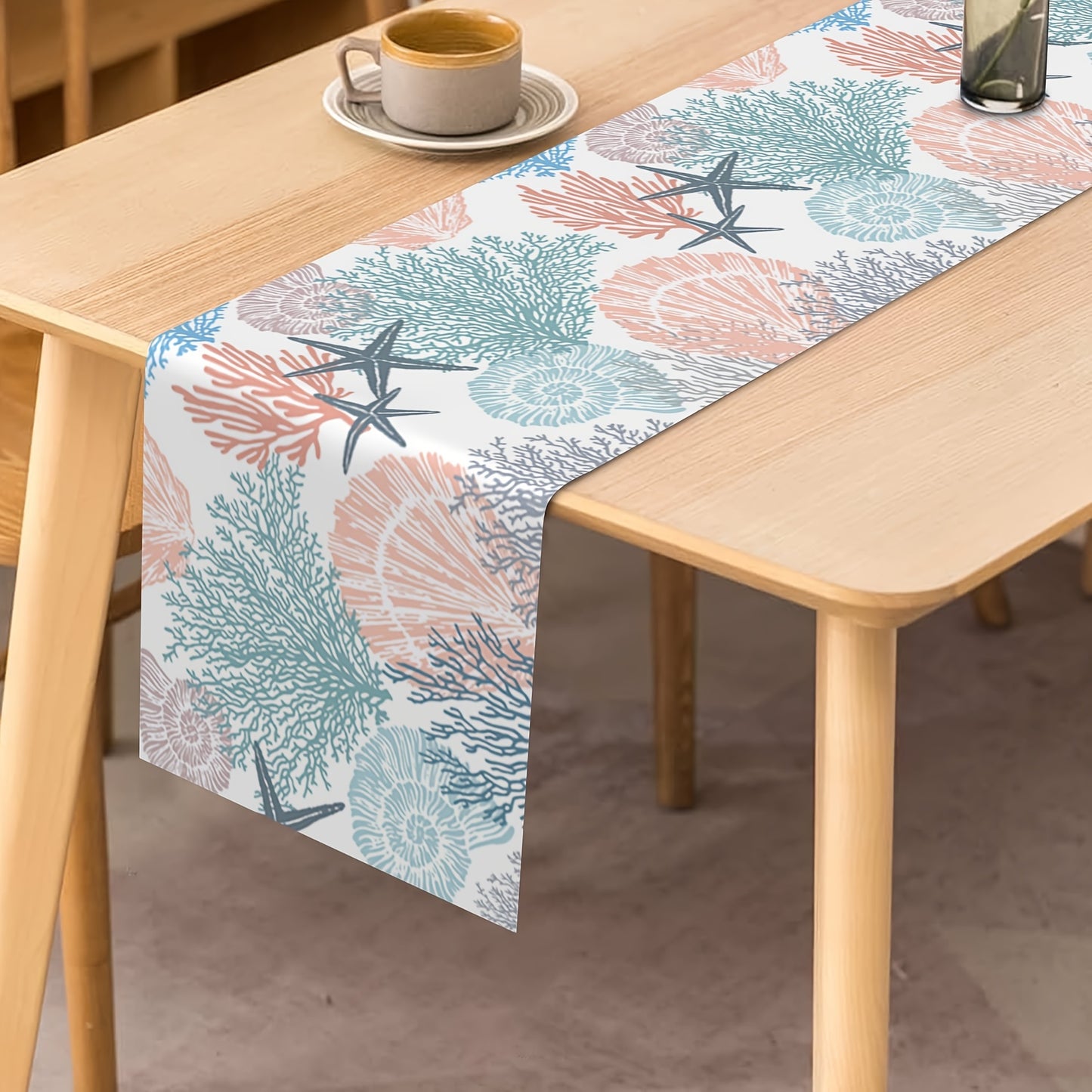 Coral Starfish & Seashell Design —Coastal Nautical Linen Table Runner, 13x48/72"