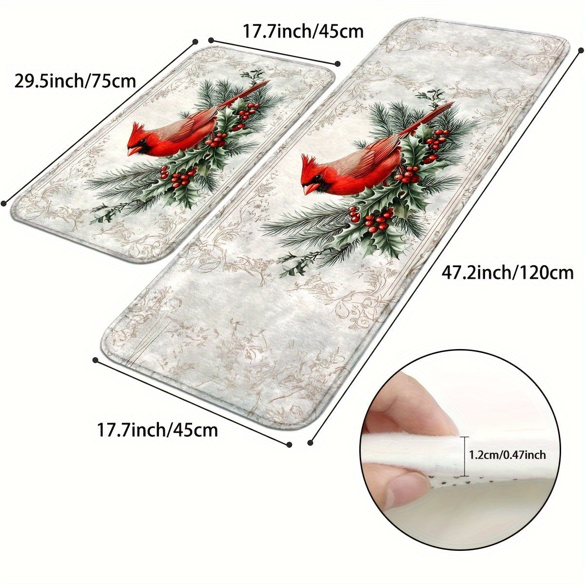 Holiday Cardinal & Pine Branch Doormat – Non-Slip, Machine Washable, 1.5'x2.5' / 1.5'x4'