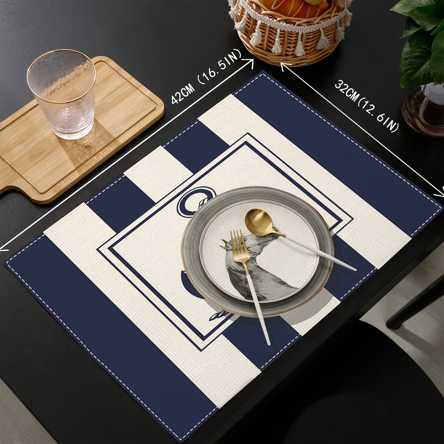 4-Piece Elegant Navy Nautical Linen Placemats – 12x18" Coastal Table Decor, Heat-Resistant & Durable Dining Mats