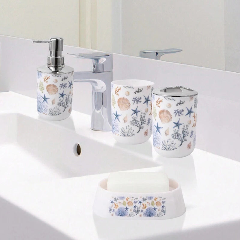 5-Piece Nautical Bathroom Accessory Set – Conch Shell, Starfish & Coral Design