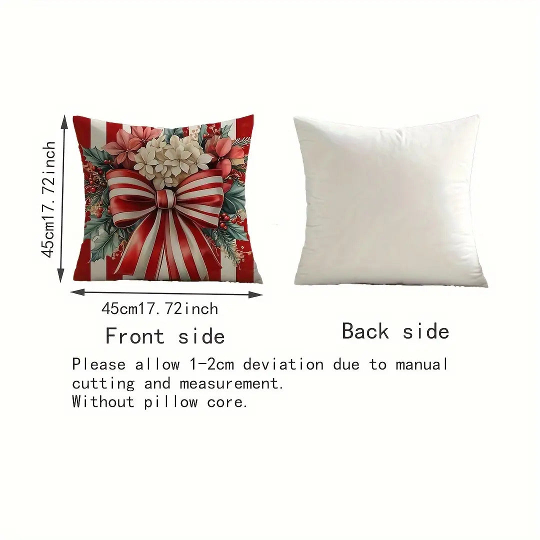 Red & White Striped Christmas Pillow Covers with Ribbon & Joy Design – Festive Holiday Cushion Cases (18x18")