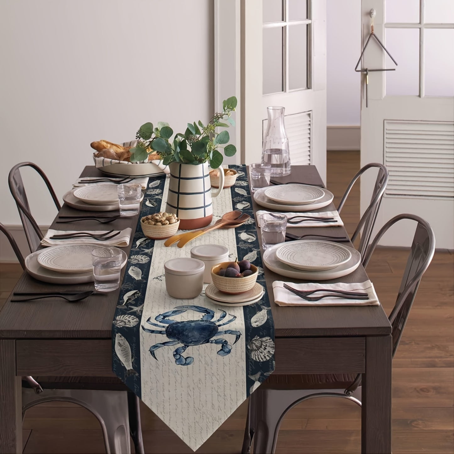 Blue Crab & Tropical Fish Table Runner – Coastal Print, 13" x 72"