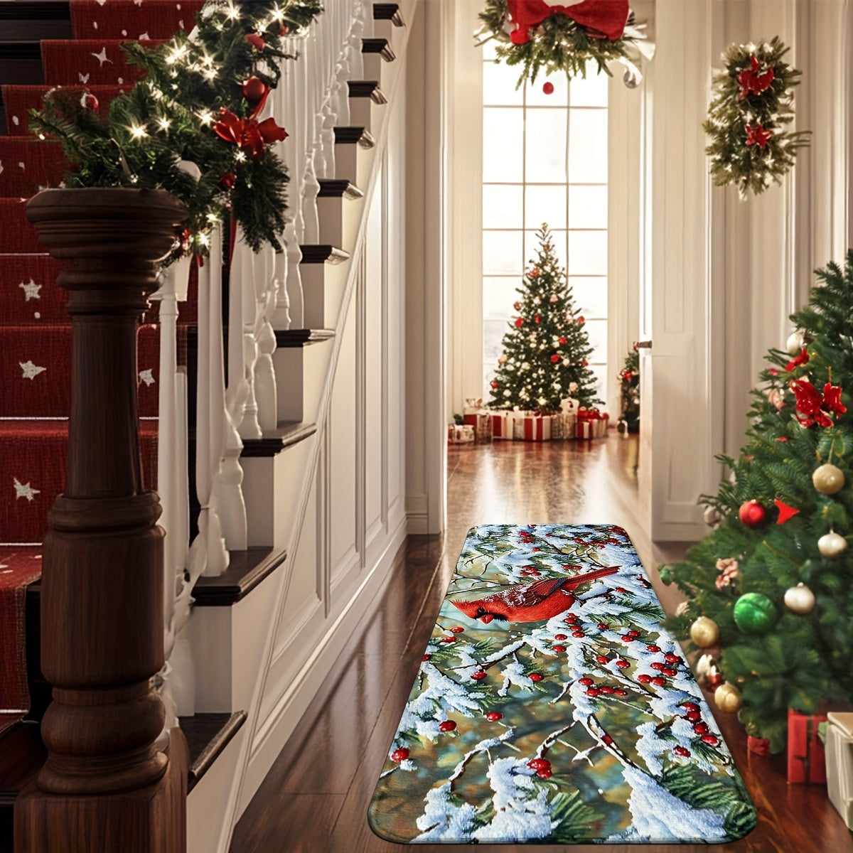Holiday Cardinal & Pine Branch Door Mats – Non-Slip, Machine Washable, 2.5'x1.5'/4'x1.5'