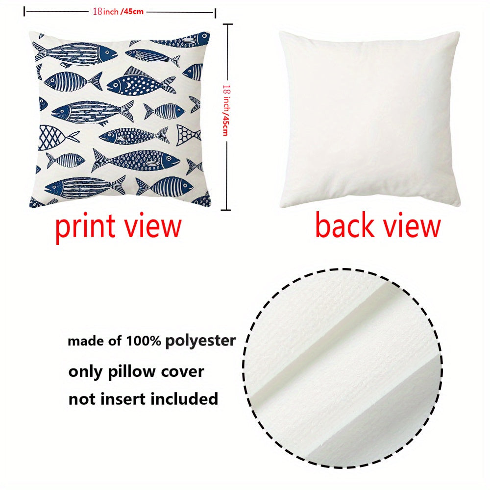 Bohemian Fish School Throw Pillow Covers – Navy & White Marine Life Design, 18x18"