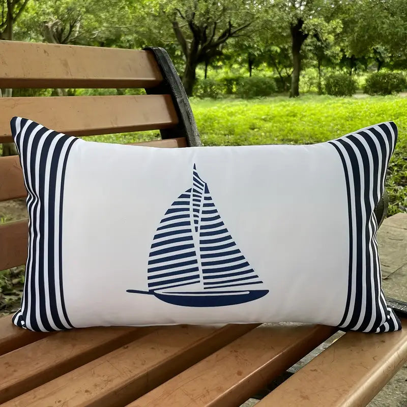 Rectangular white lumbar pillow cover featuring a navy blue striped sailboat silhouette and vertical side stripes with a hidden zipper for nautical décor - 12x20 - Coastal Pillows Plus