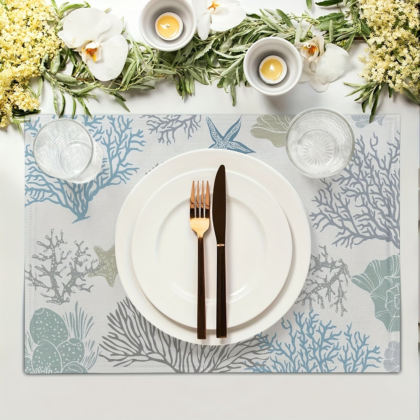 Summer Nautical Coastal Placemats – Set of 4 Ocean & Beach 12x18" Table Mats, Blue Gray Coral Starfish Design