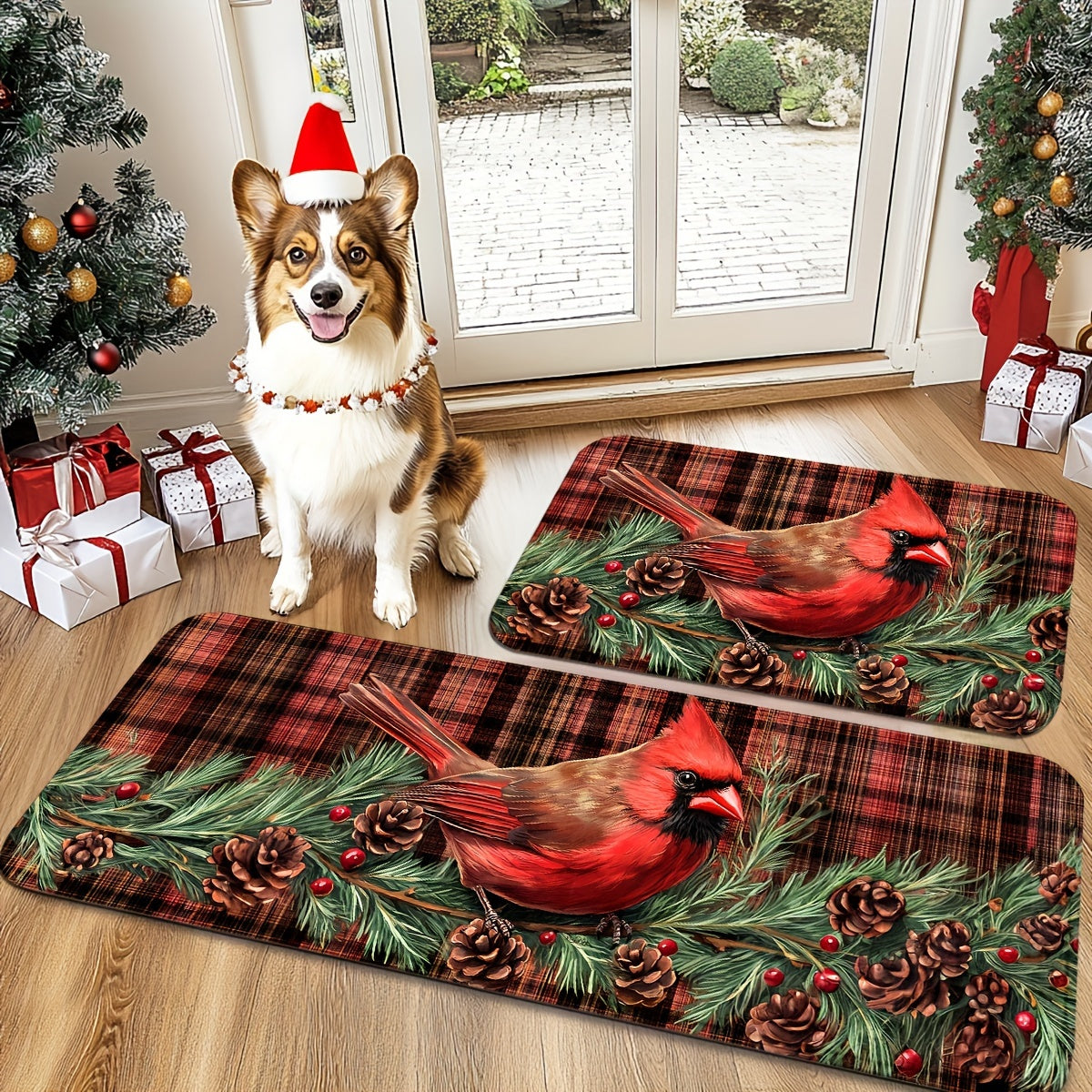 Holiday Red Cardinal Floor Mat – Pine Cones & Holly Berries on Red Plaid, 1.5'x2.5' / 1.5'x4'