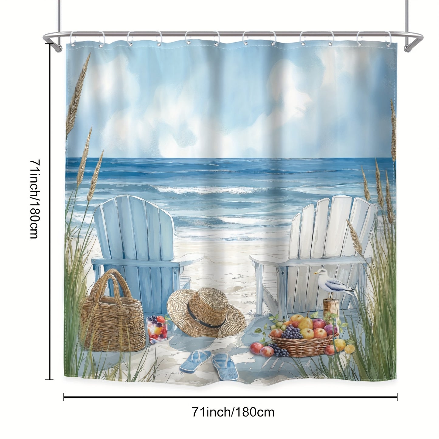 4-Piece Coastal Beach Shower Curtain Set – Blue & White Adirondack Chairs (71x71")