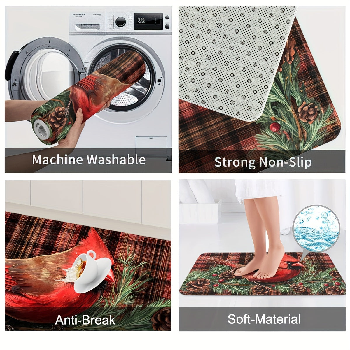Holiday Red Cardinal Floor Mat – Pine Cones & Holly Berries on Red Plaid, 1.5'x2.5' / 1.5'x4'