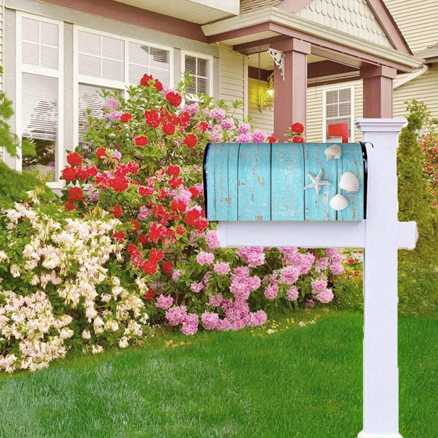 Coastal Mailbox Cover with Buckle Closure – Blue-Green Seashell & Starfish Design
