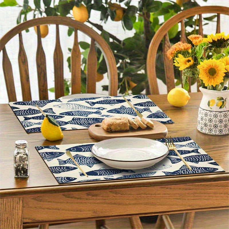 4-Piece Blue & White Fish Pattern Placemat Set – Linocut Style, 12x18"
