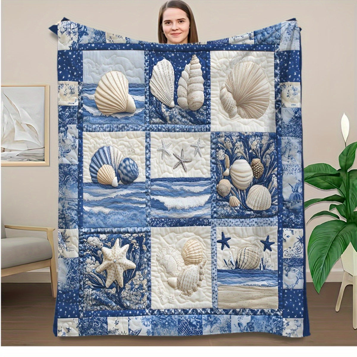 Timeless Nautical Seashell Quilt Blanket - Navy Blue and White Coastal Reversible Design, Soft Flannel Bedding - Coastal Pillows Plus