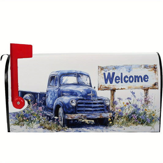 “Welcome” Magnetic Vintage Blue Truck Mailbox Cover – Floral Rustic Design