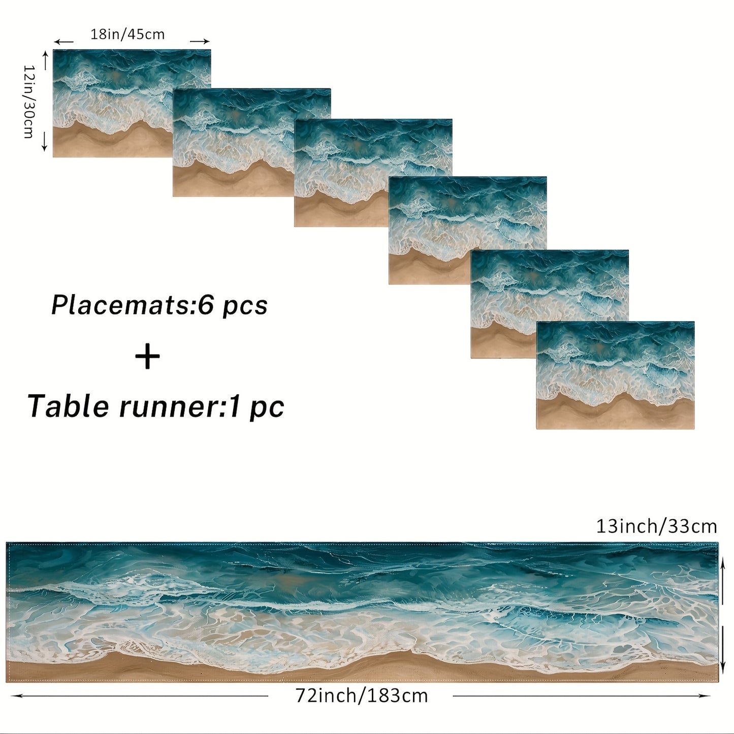 7-Piece Ocean Wave Table Set – Blue Wave Placemats & Table Runner (13x72)