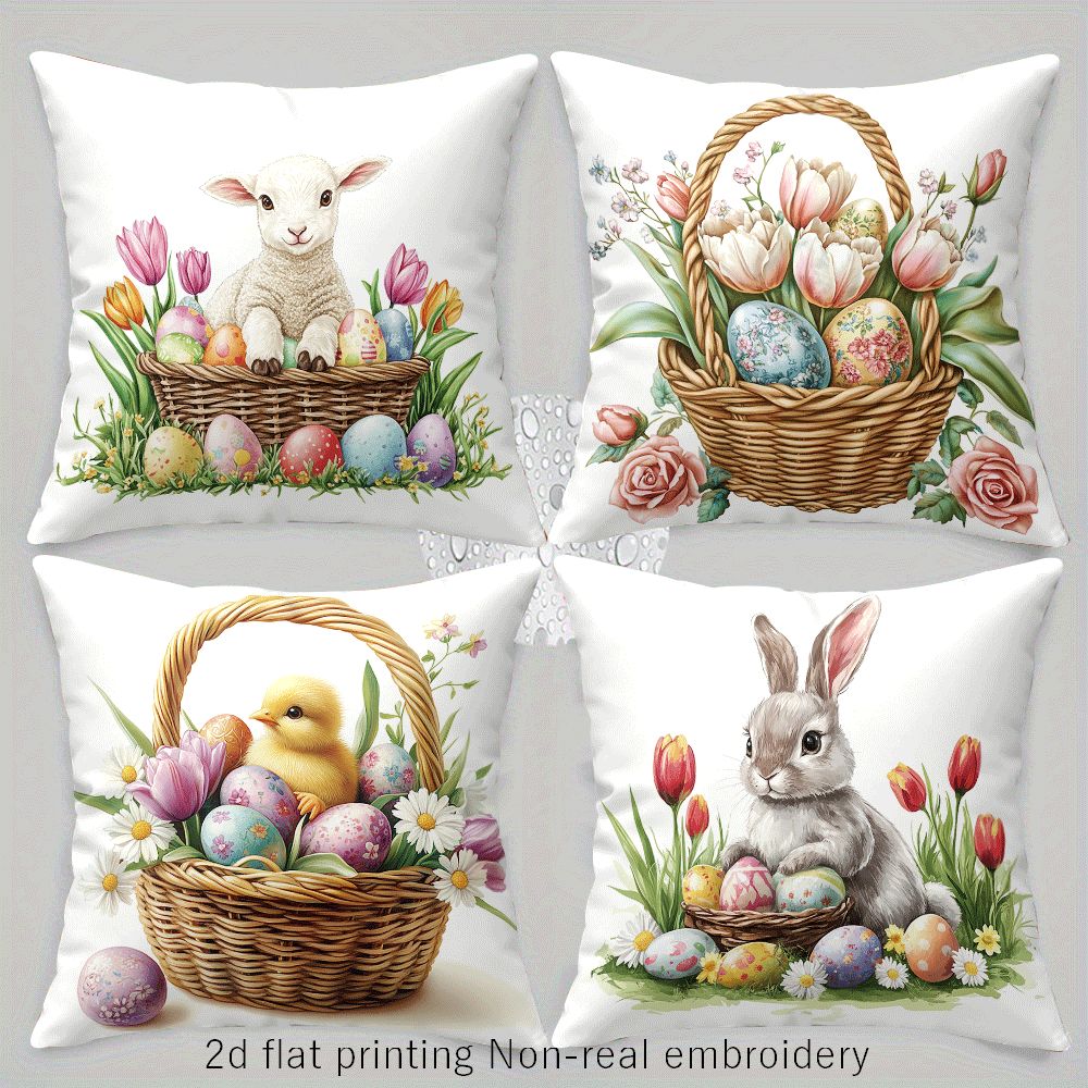 Illustrative 18x18 inch pillow cover with watercolor-style Easter lambs, bunnies, chicks, tulips, or colorful eggs in woven baskets, styled on a sofa for holiday décor – Coastal Pillows Plus