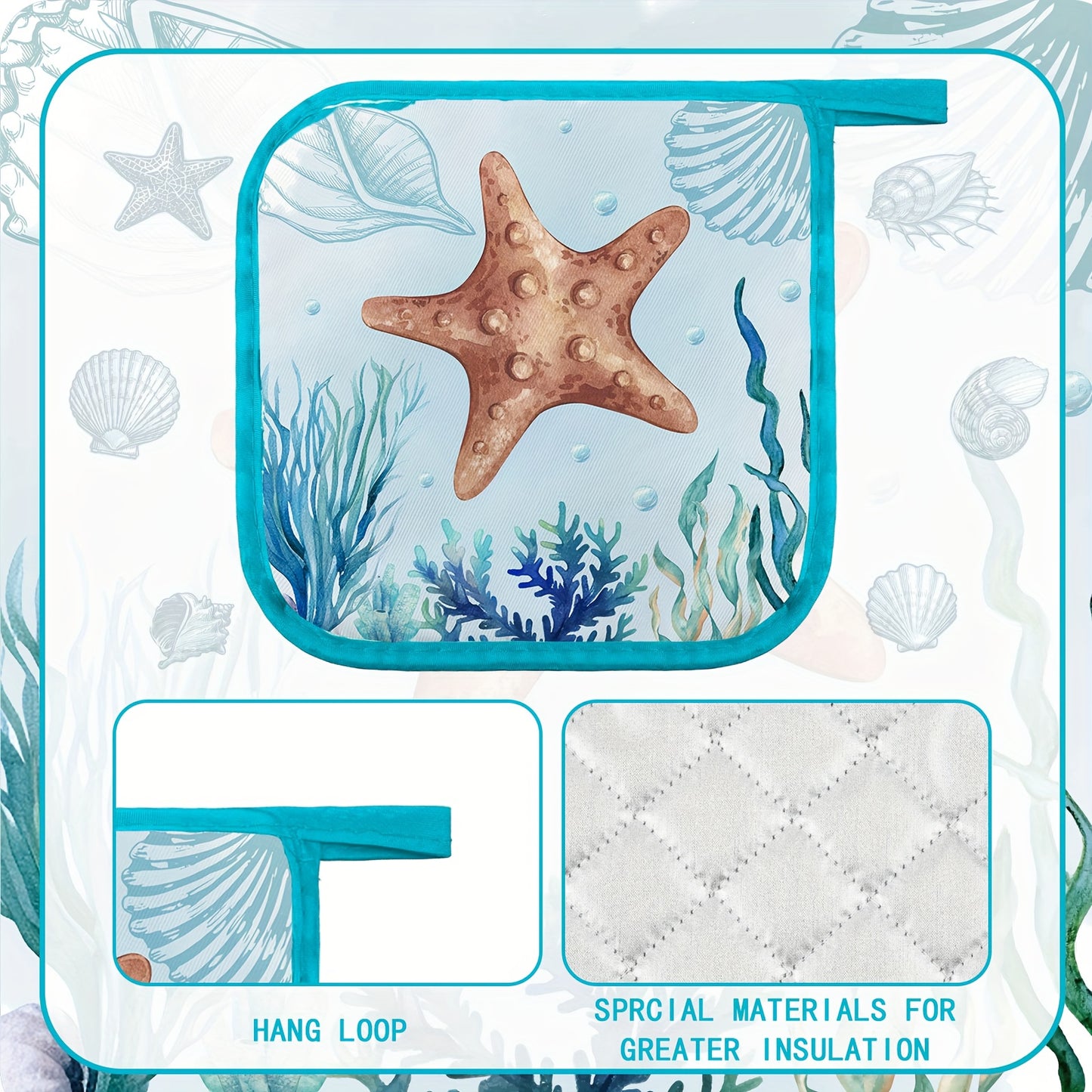 6 Sets of Marine Animal Pot Holders with Pockets – Heat-Resistant Kitchen Accessories