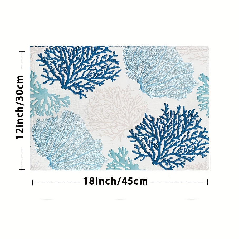 Set of 4 Blue Turquoise Coral Placemats, 12x18" – Coastal Charm for Every Table