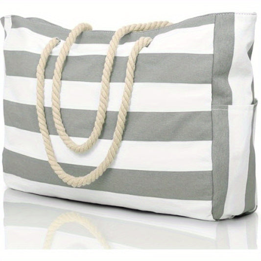 Gray and White Striped Lightweight Foldable Beach Tote