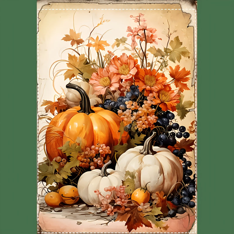 Vibrant 12x18 inch polyester garden flag with an autumn pumpkin and leaves still-life design for Thanksgiving décor – Coastal Pillows Plus.